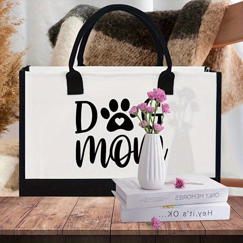 "Dog Mom" Canvas Tote Bag, Large  Fashion Handbag for Women, Monogrammed Beach Bag, Ideal Birthday Gift for Dog Lovers, Polyester, No Lining, Random Print, No Zipper, Washable
