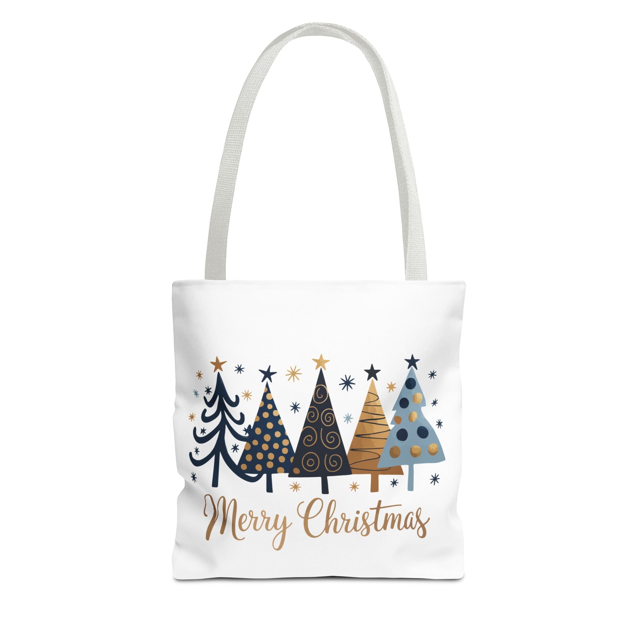 Merry Christmas Holiday Tote — Festive Blue & Gold Christmas Tree Tote Bag