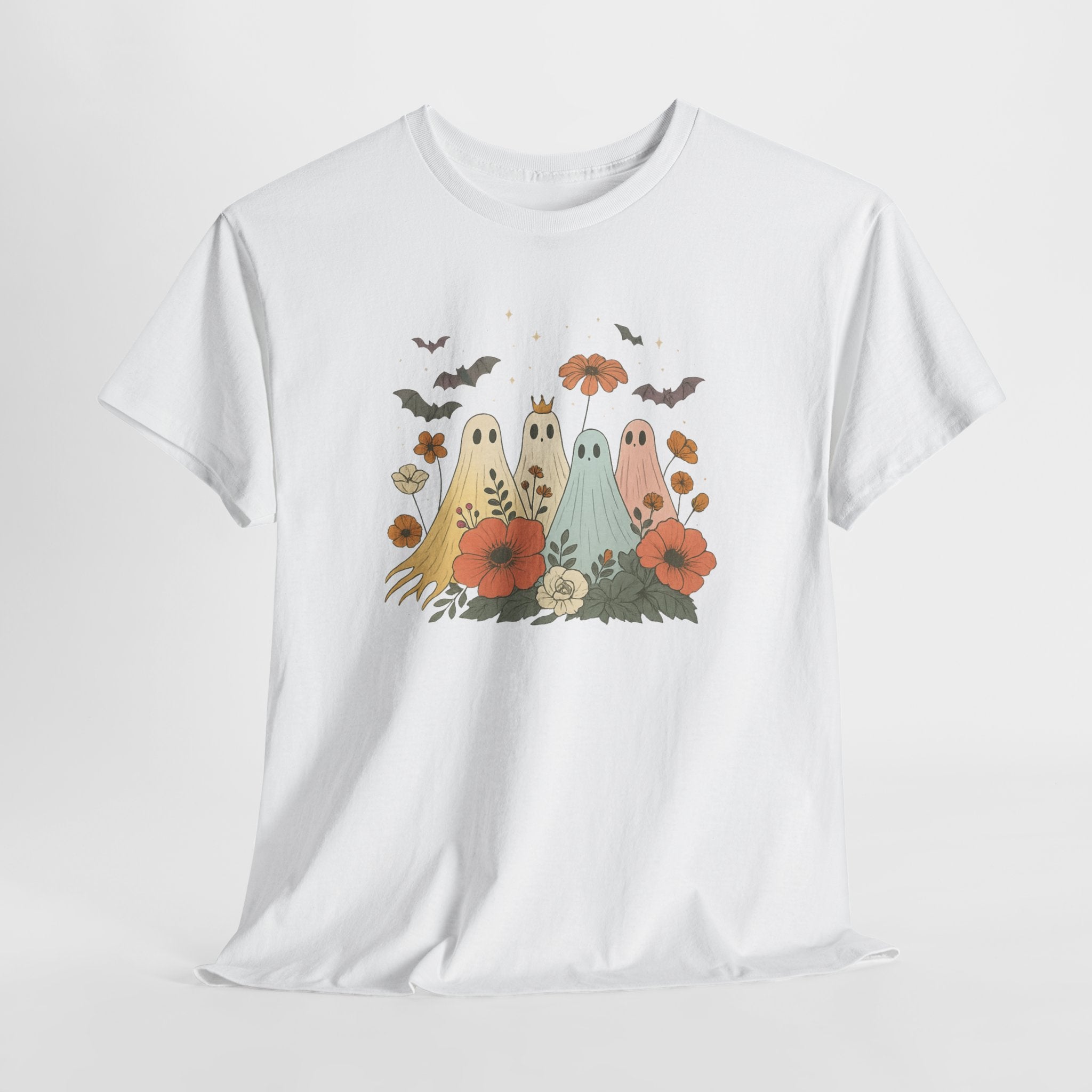 Whimsical Ghost and Flower Tee, Casual Halloween T-shirt, Fall Fashion Top, Unisex Graphic Tee, Halloween Party Outfit, Gift for Ghost