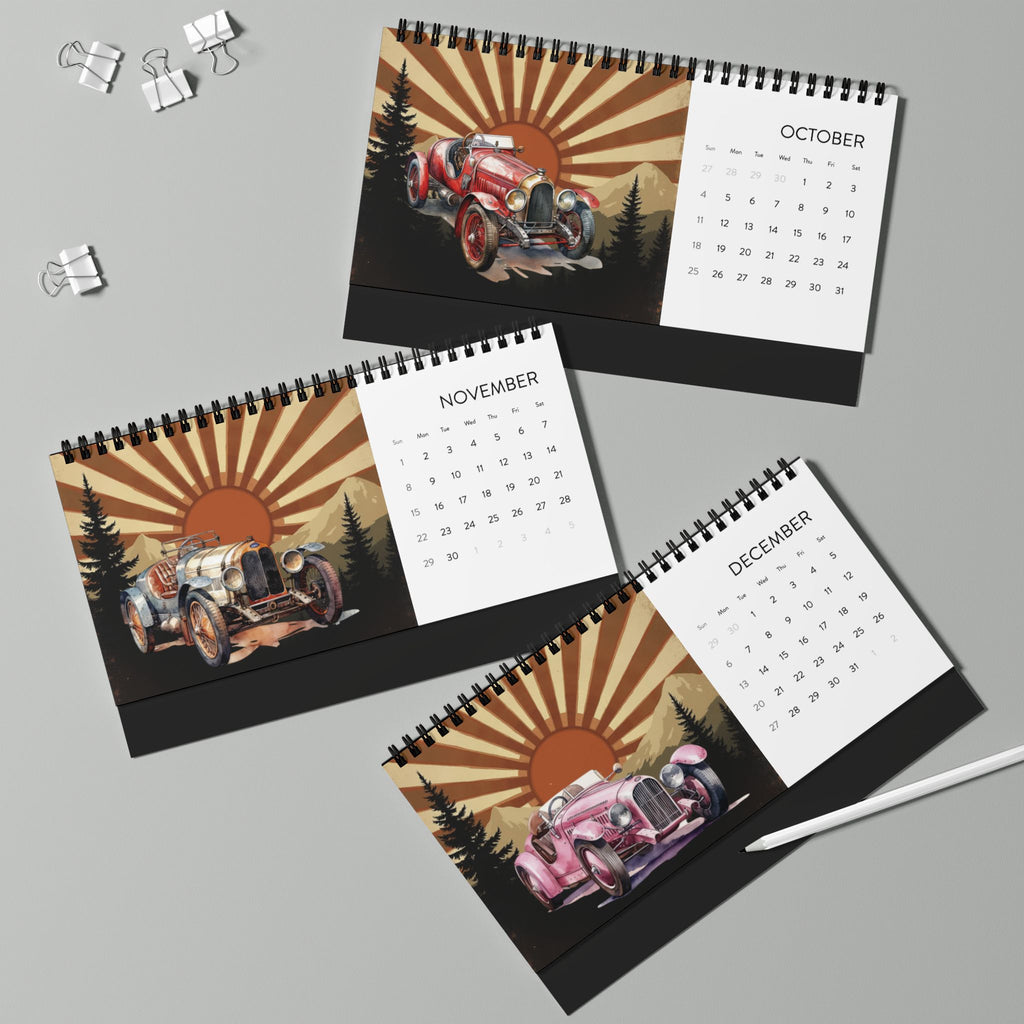 2026 Desktop Calendar, Desk Calendar with Vintage Racing Car Design, Gift for Car Lover