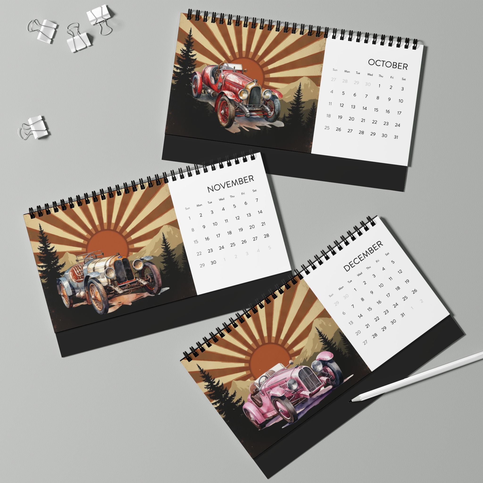 2026 Desktop Calendar, Desk Calendar with Vintage Racing Car Design, Gift for Car Lover