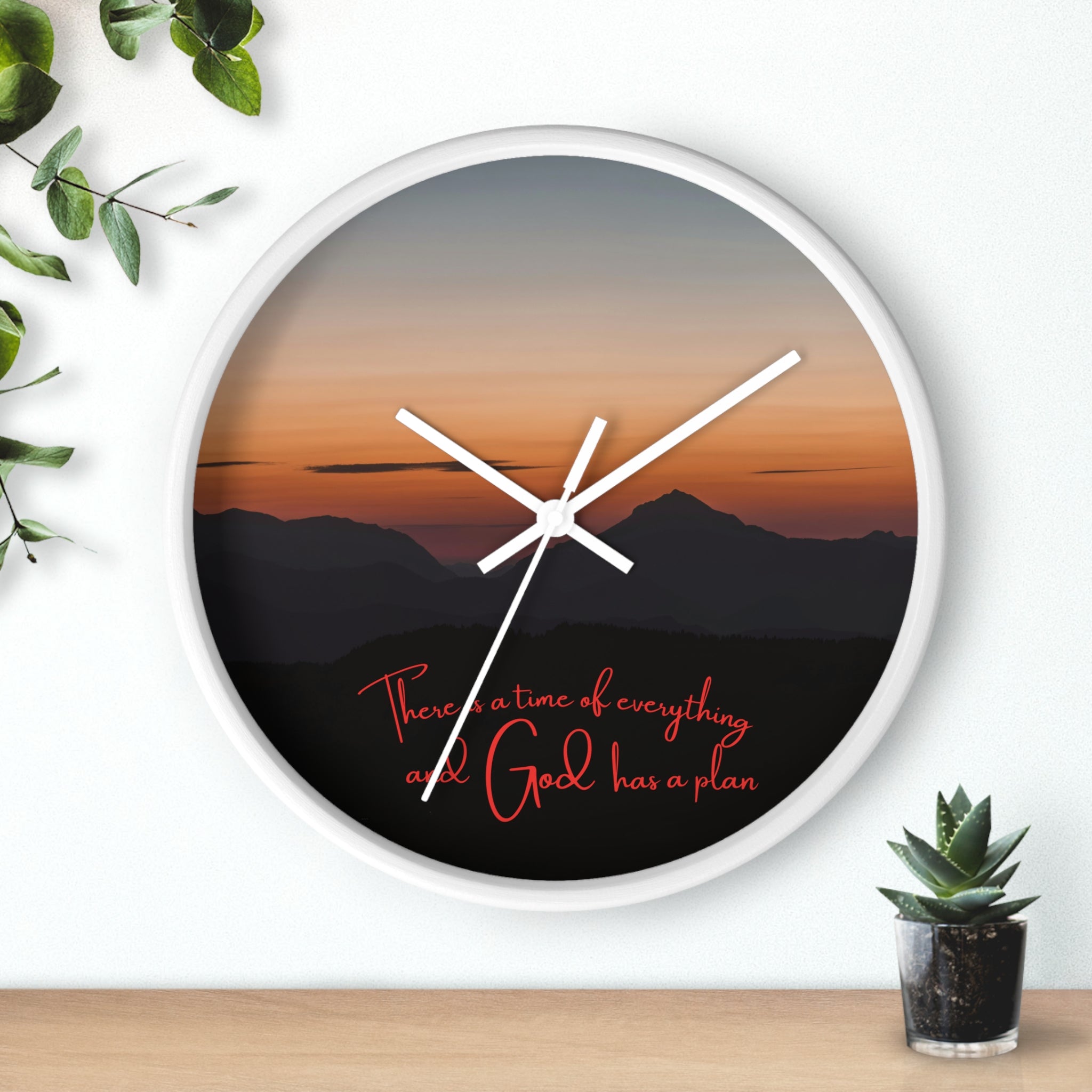 Inspirational Sunset Wall Clock — "There’s a time for everything and God has a plan"