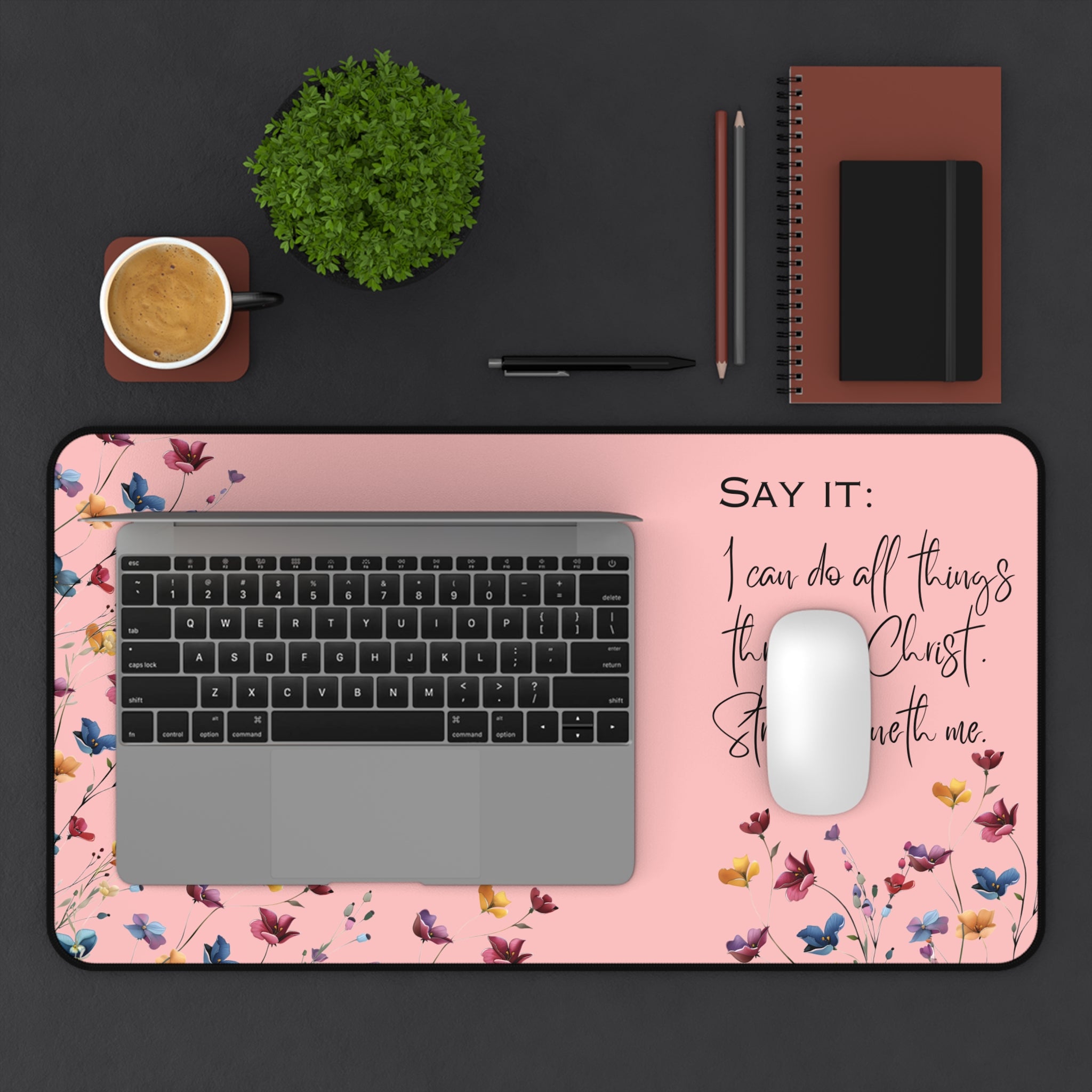 Inspirational Desk Mat — 'I Can Do All Things Through Christ' Pink Floral Mouse Pad