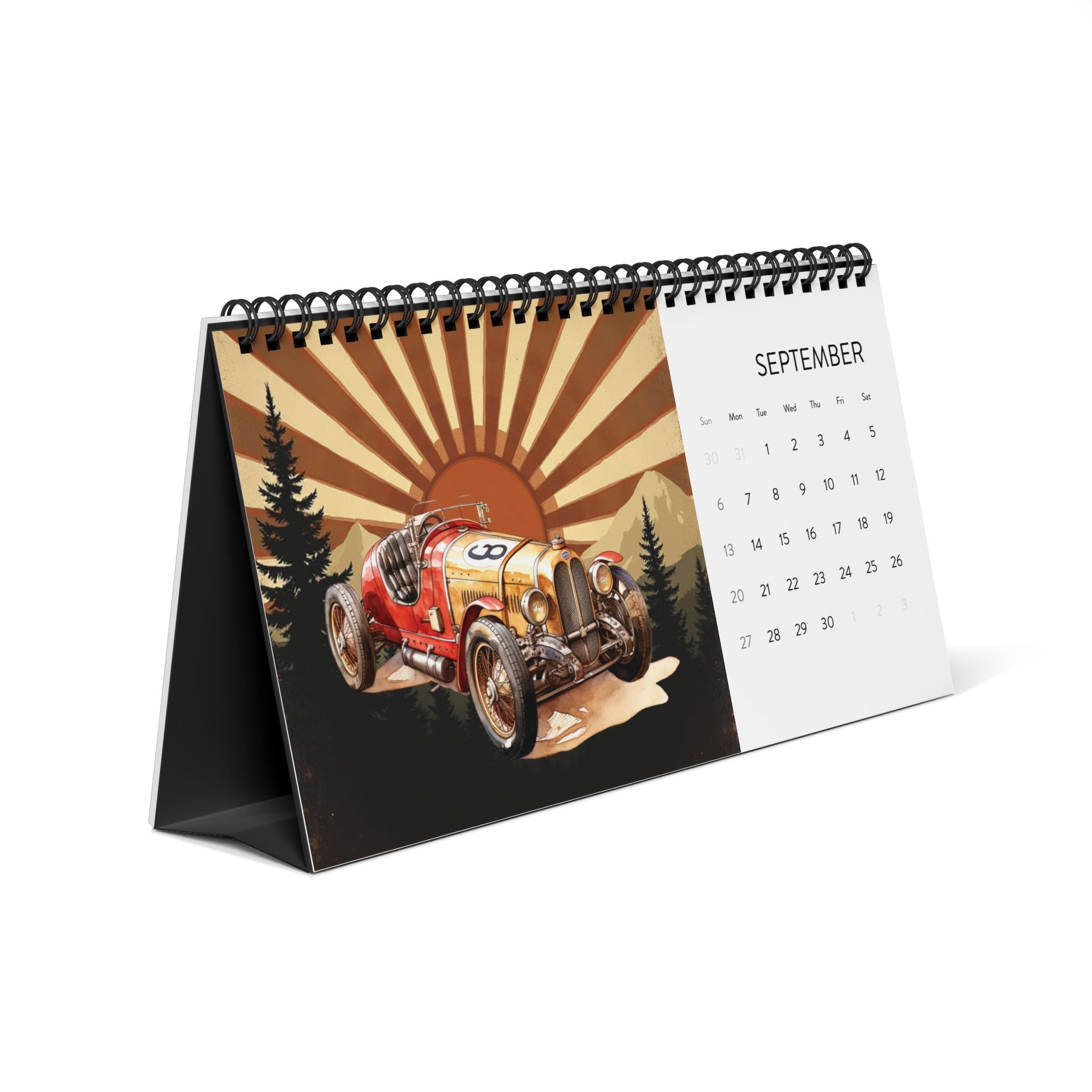 2026 Desktop Calendar, Desk Calendar with Vintage Racing Car Design, Gift for Car Lover