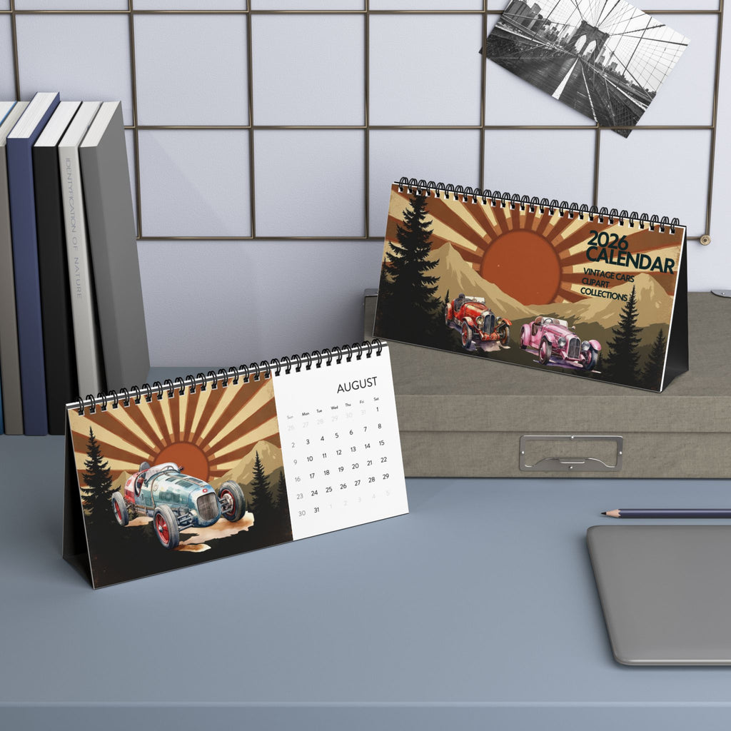 2026 Desktop Calendar, Desk Calendar with Vintage Racing Car Design, Gift for Car Lover