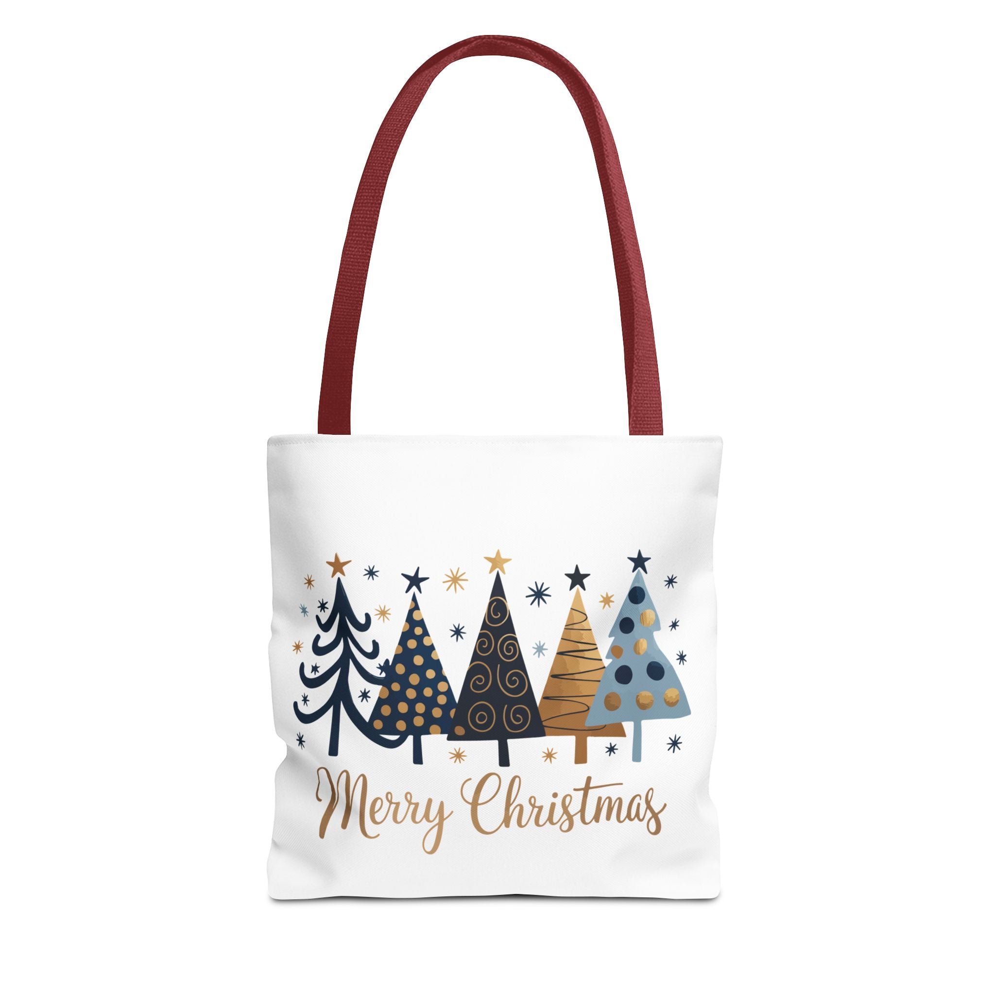 Merry Christmas Holiday Tote — Festive Blue & Gold Christmas Tree Tote Bag