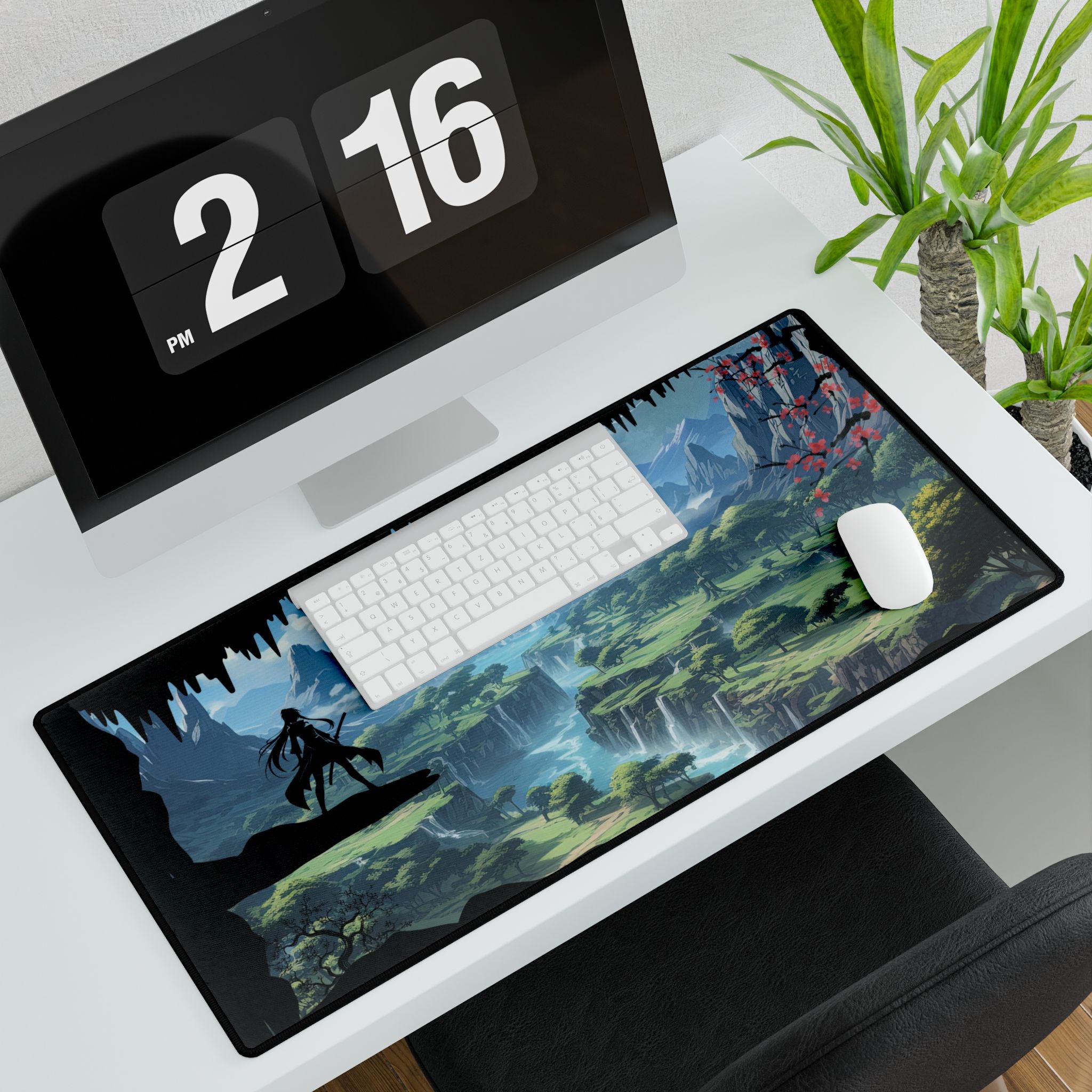 Large Anime Silhouette Mouse Pad, Fantasy Landscape with Silhouette Desk Mat | Scenic Gaming Mousepad