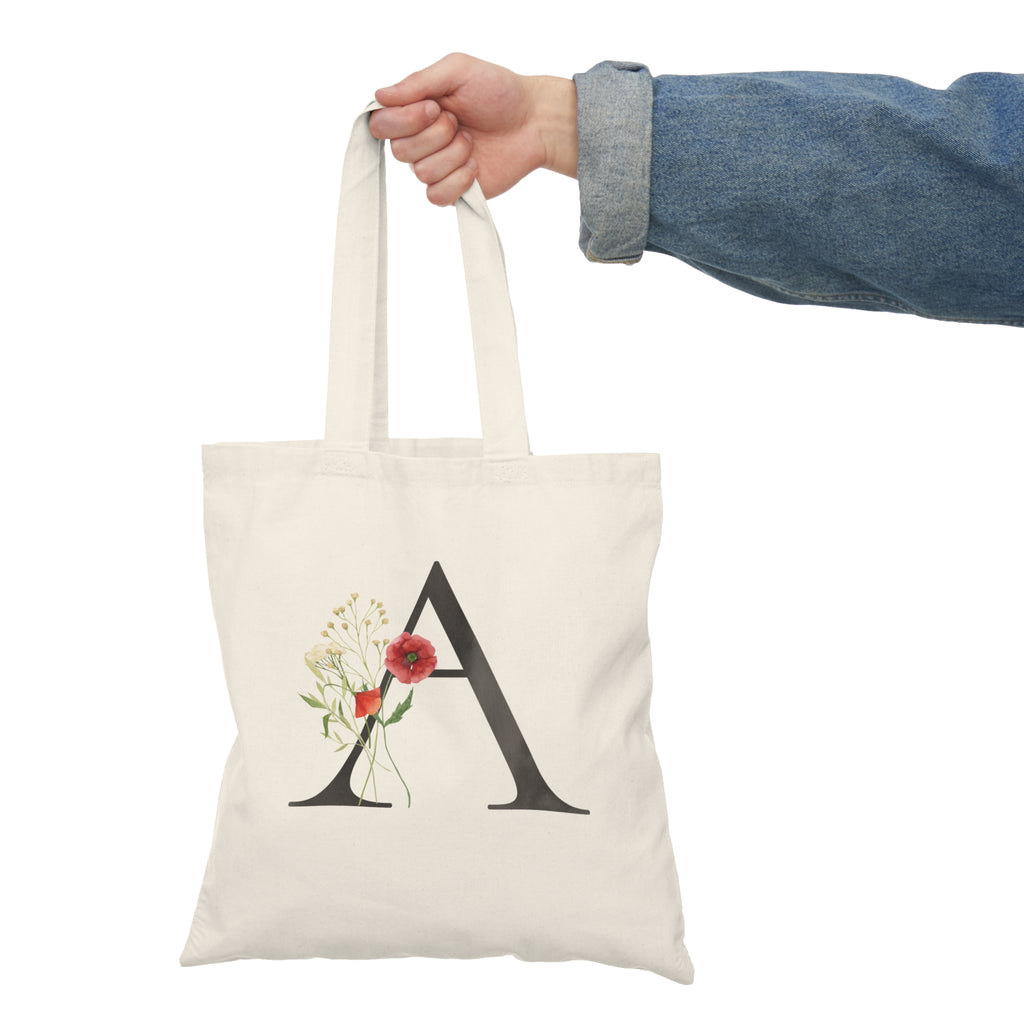 Floral Monogram Natural Tote Bag — Botanical Initial Canvas Tote