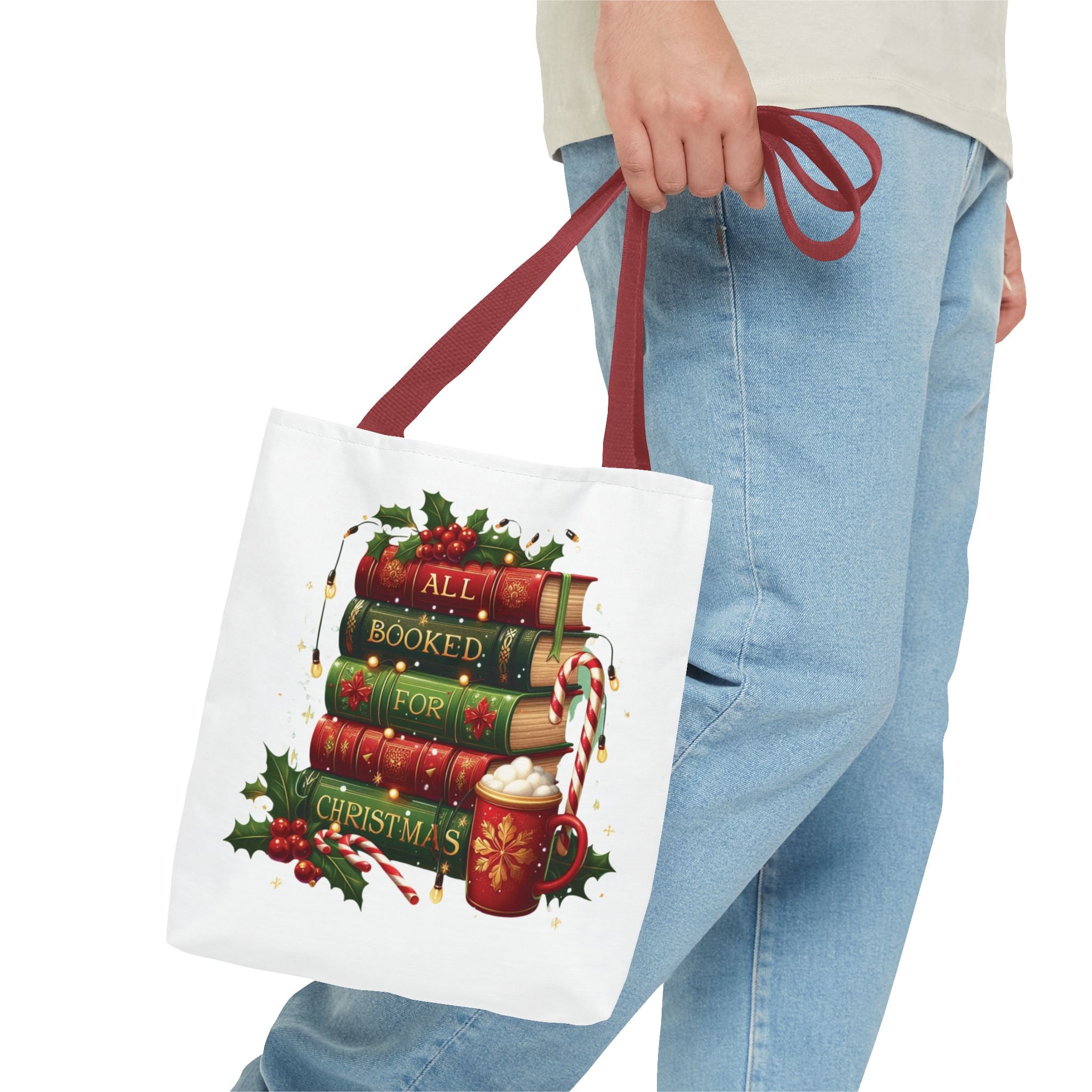 Christmas Book Lover Tote — "All Booked for Christmas" Holiday Canvas Bag