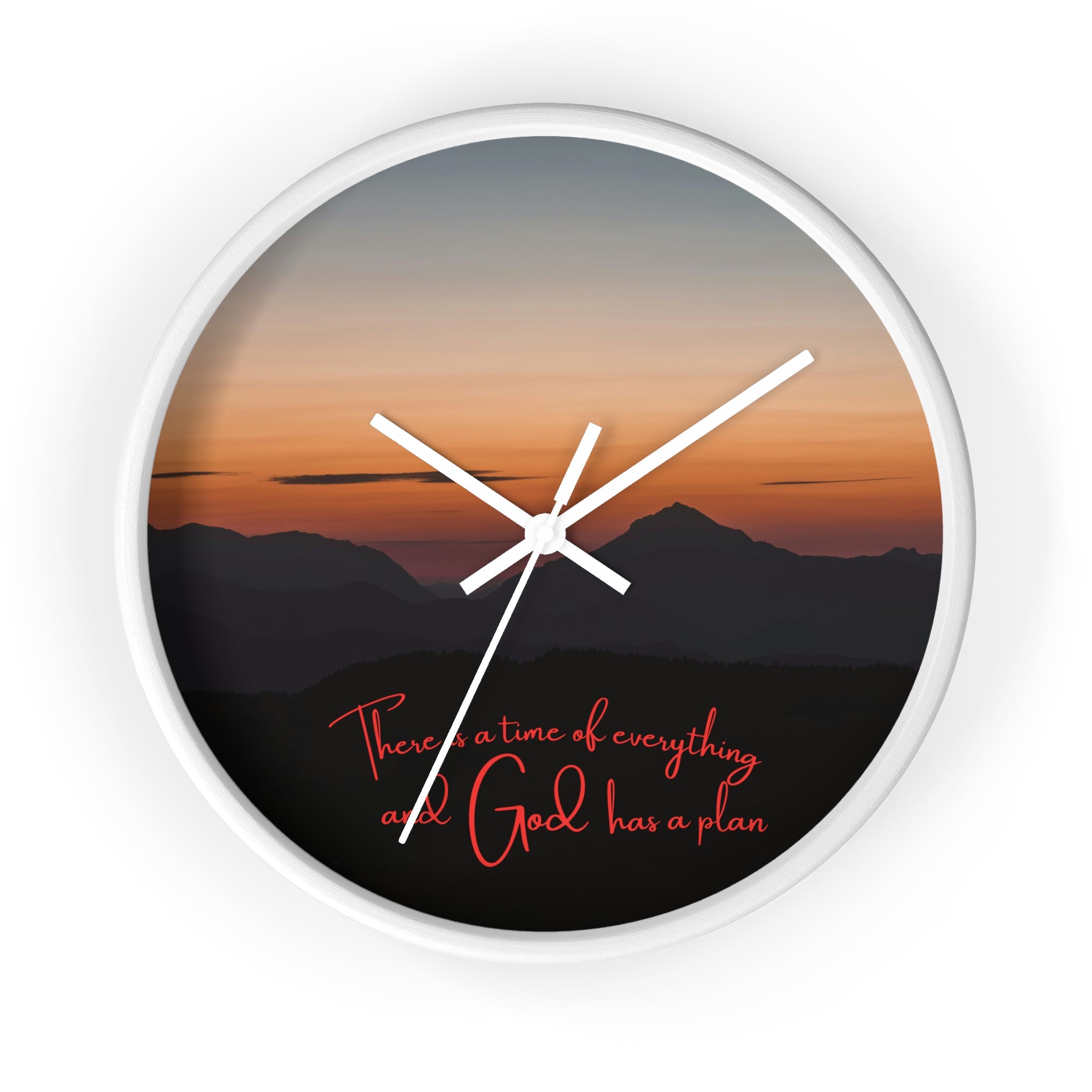 Inspirational Sunset Wall Clock — "There’s a time for everything and God has a plan"