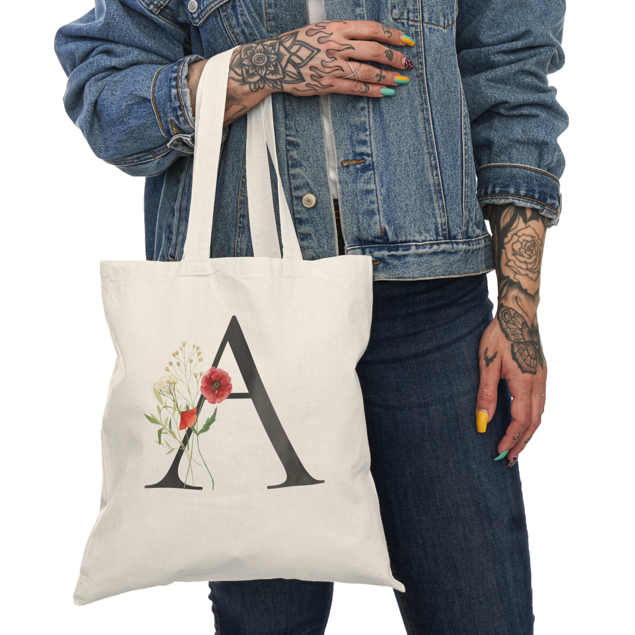 Floral Monogram Natural Tote Bag — Botanical Initial Canvas Tote