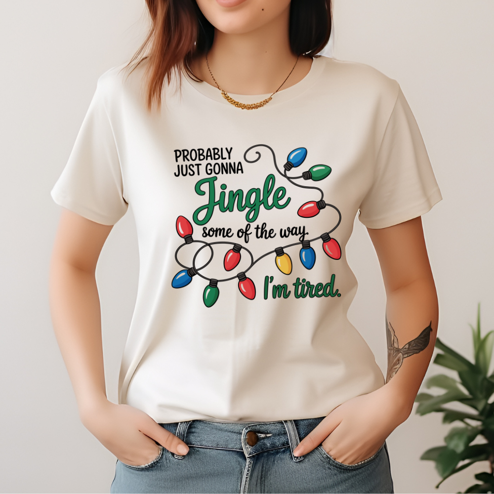 Jingle I’m Tired Christmas Shirt, Funny Holiday Tee, Festive Lights Graphic, Christmas Humor Gift