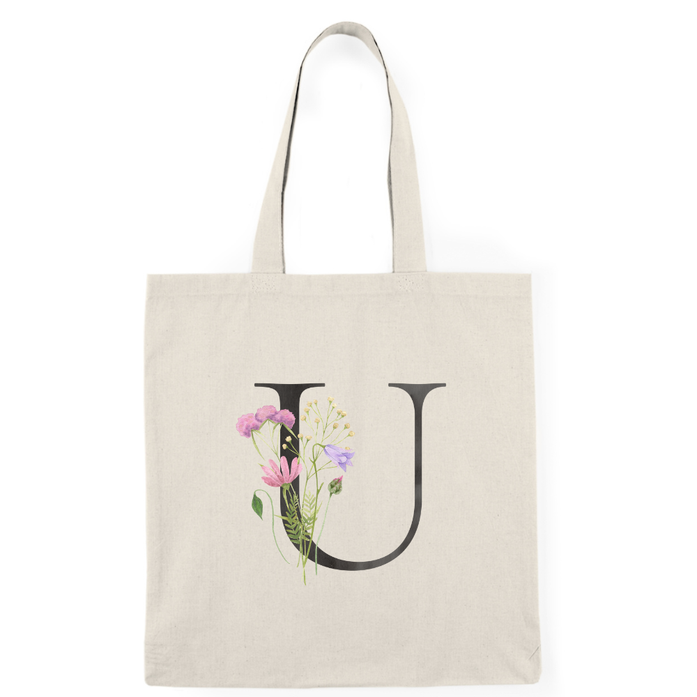 Floral Monogram Natural Tote Bag — Botanical Initial Canvas Tote