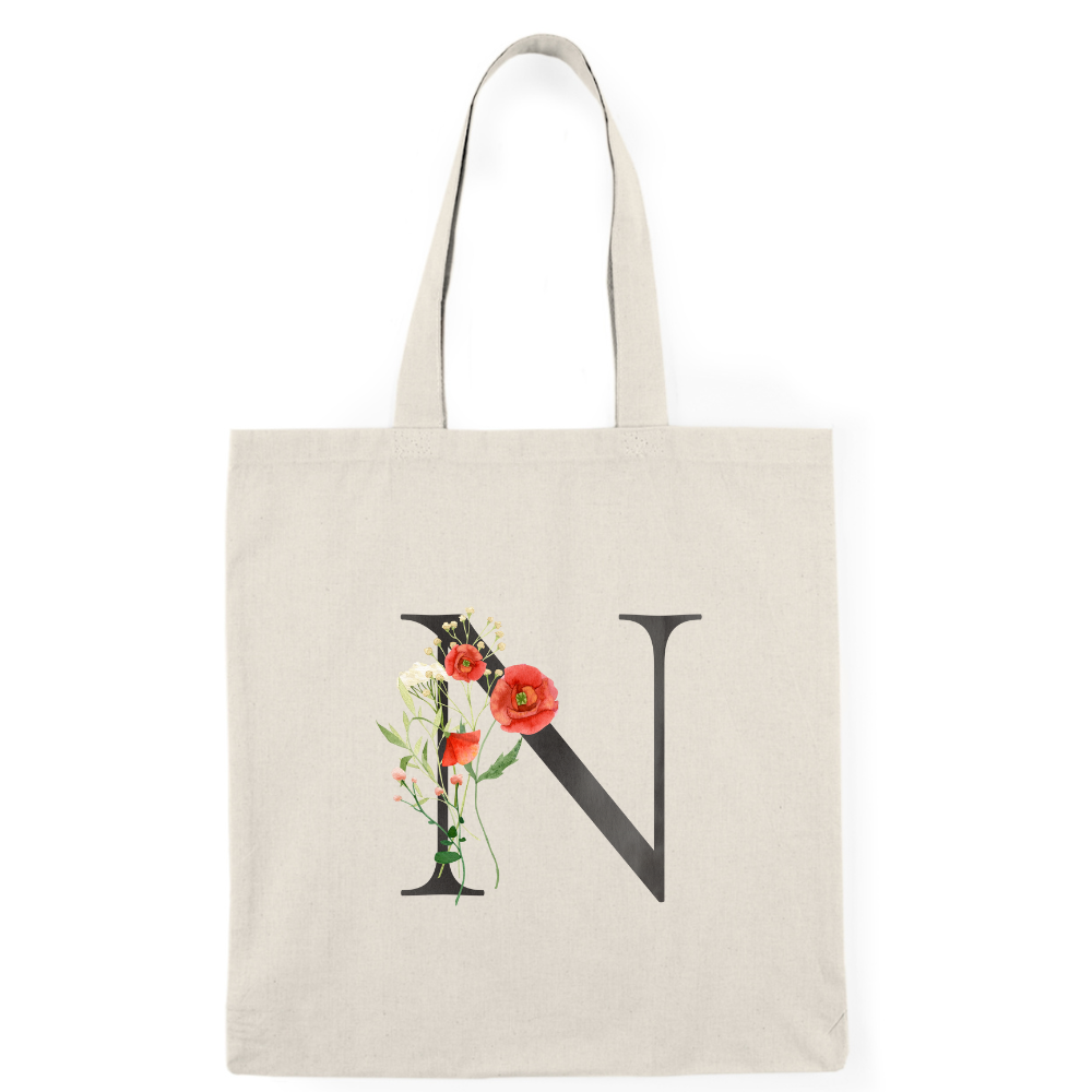 Floral Monogram Natural Tote Bag — Botanical Initial Canvas Tote