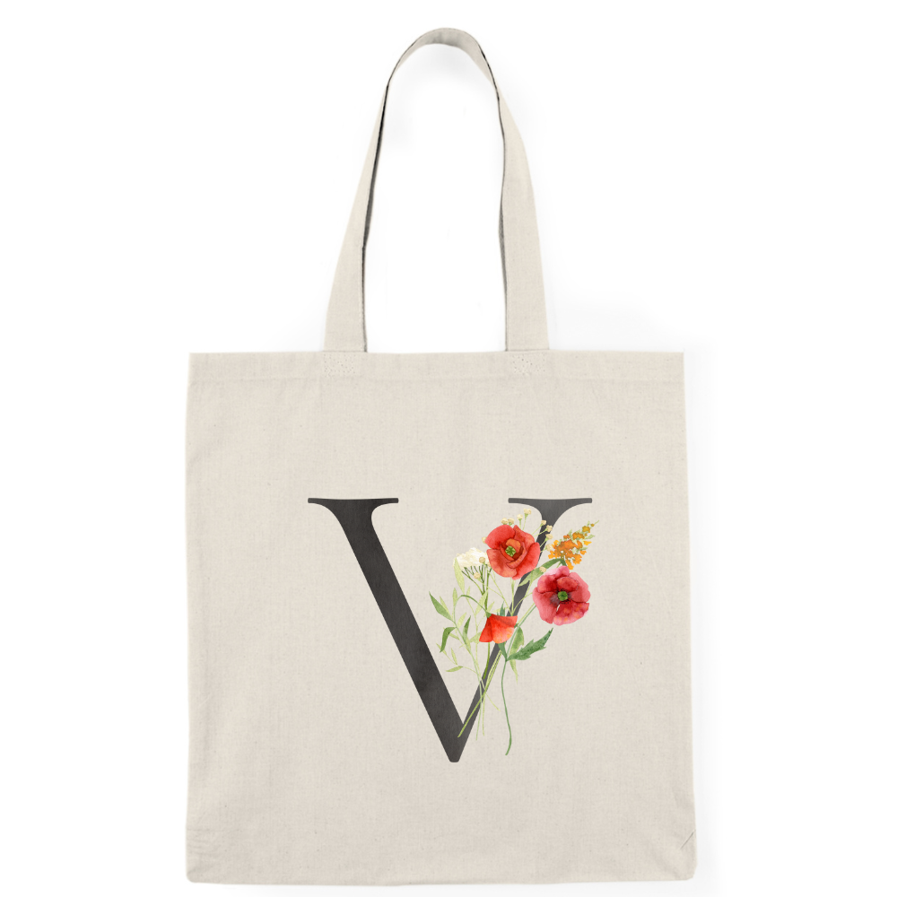 Floral Monogram Natural Tote Bag — Botanical Initial Canvas Tote