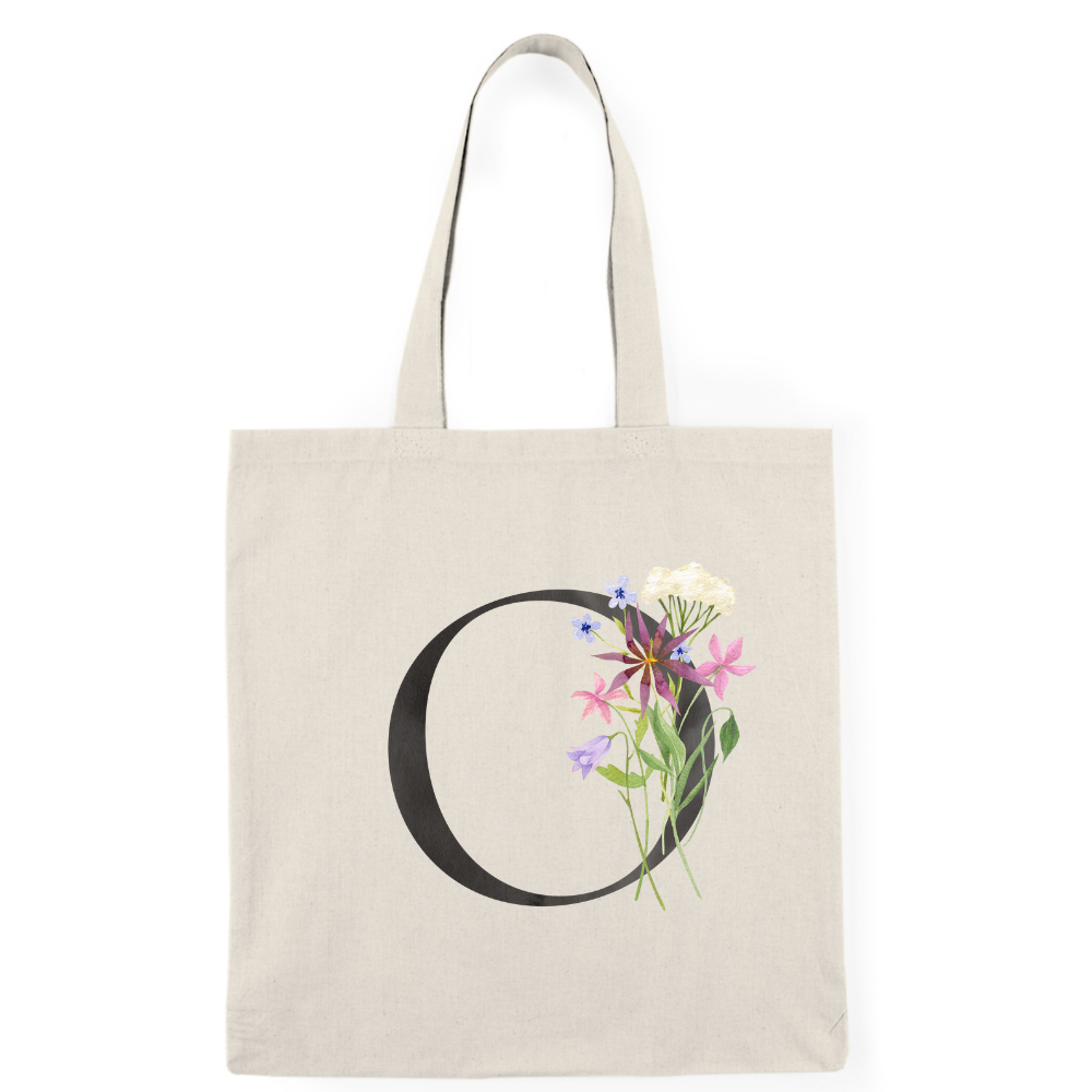 Floral Monogram Natural Tote Bag — Botanical Initial Canvas Tote