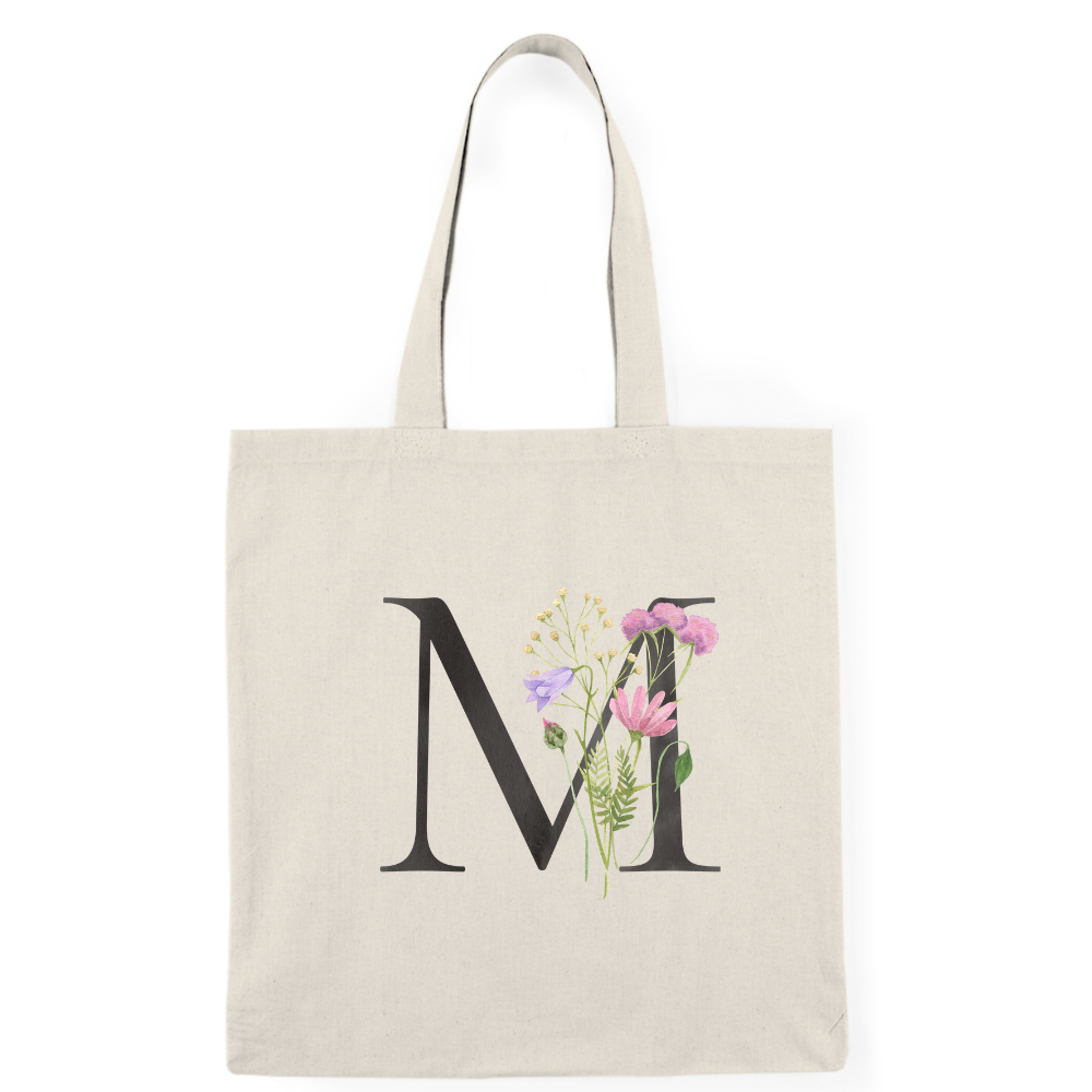Floral Monogram Natural Tote Bag — Botanical Initial Canvas Tote