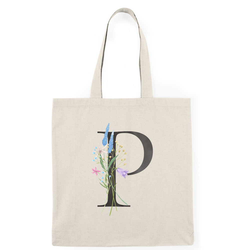 Floral Monogram Natural Tote Bag — Botanical Initial Canvas Tote