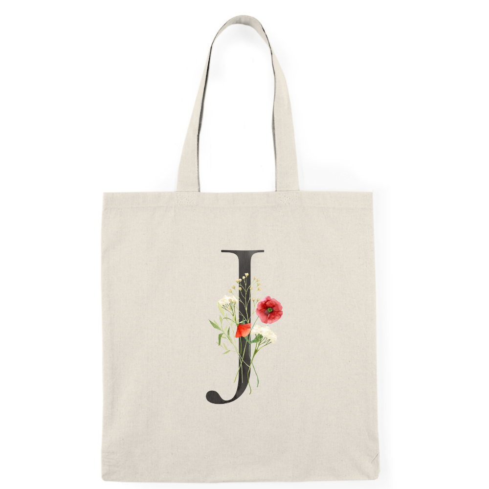 Floral Monogram Natural Tote Bag — Botanical Initial Canvas Tote
