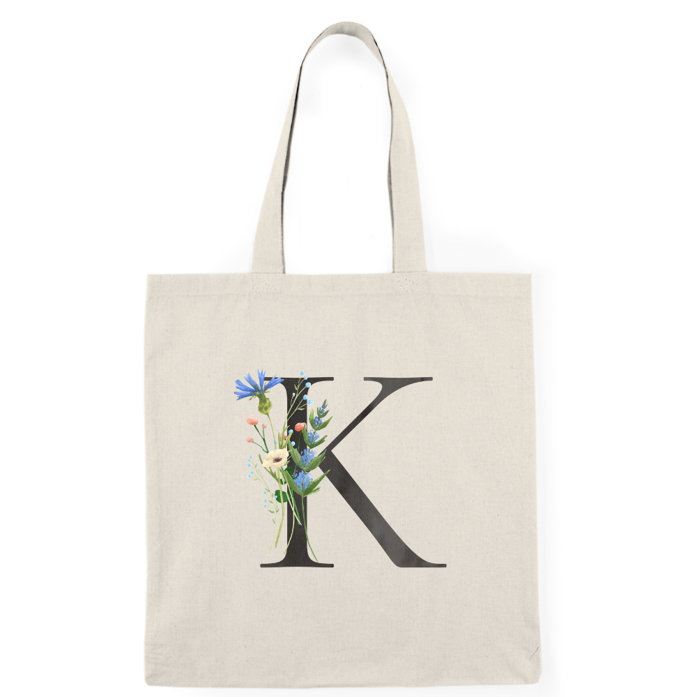 Floral Monogram Natural Tote Bag — Botanical Initial Canvas Tote