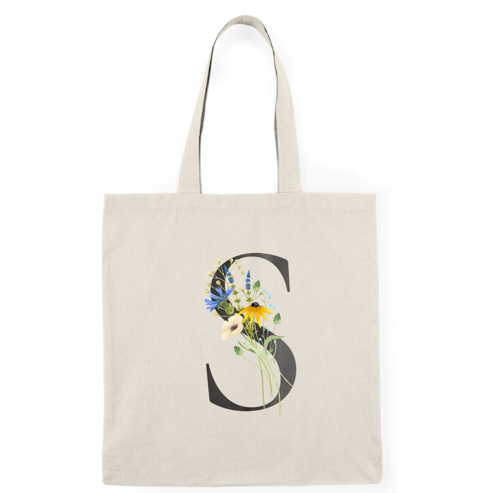 Floral Monogram Natural Tote Bag — Botanical Initial Canvas Tote