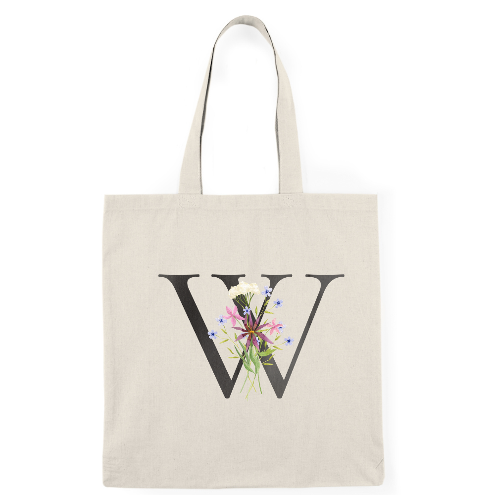 Floral Monogram Natural Tote Bag — Botanical Initial Canvas Tote