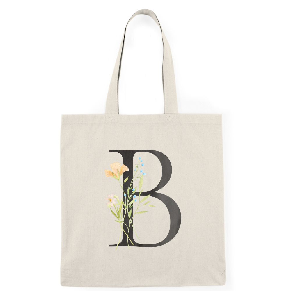 Floral Monogram Natural Tote Bag — Botanical Initial Canvas Tote