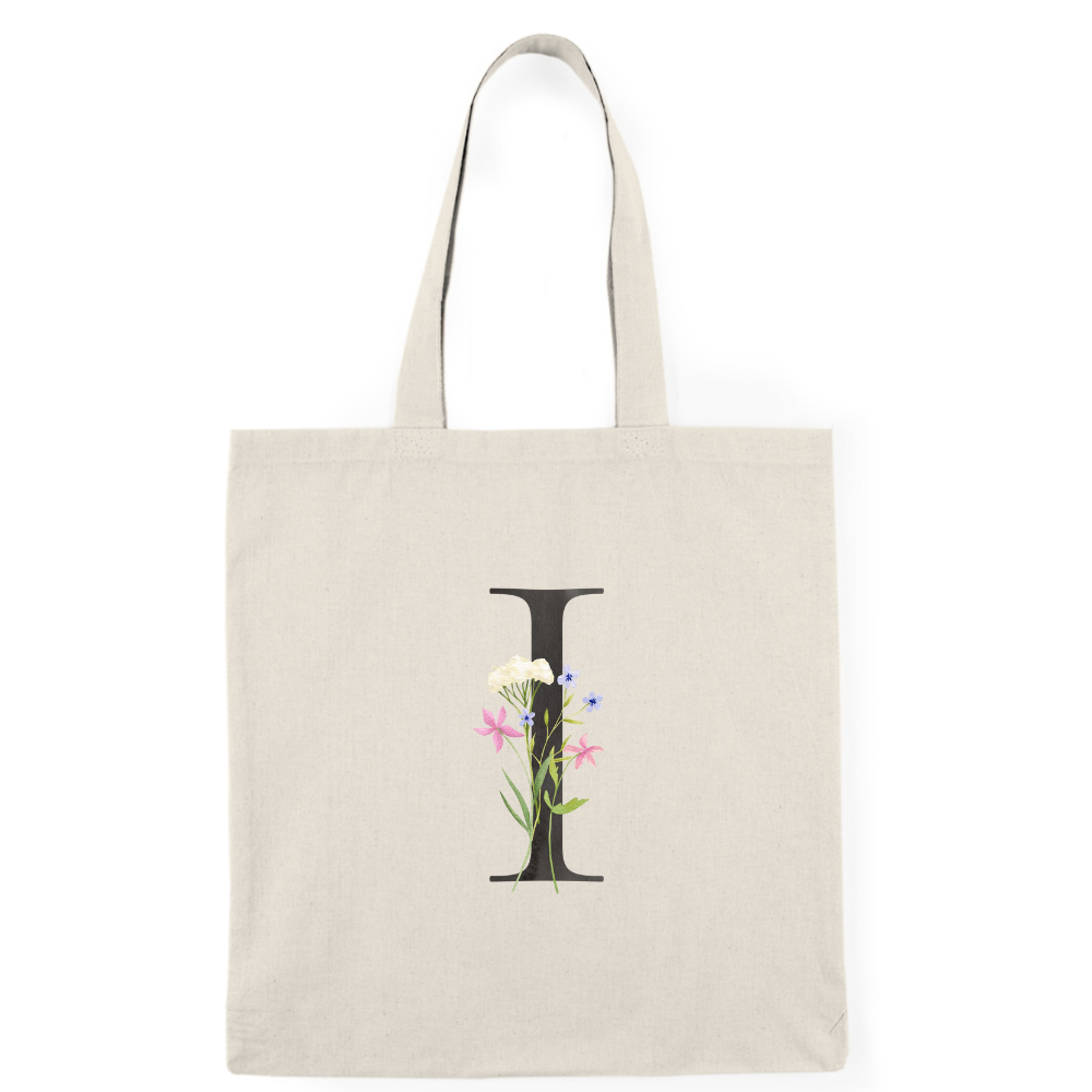 Floral Monogram Natural Tote Bag — Botanical Initial Canvas Tote