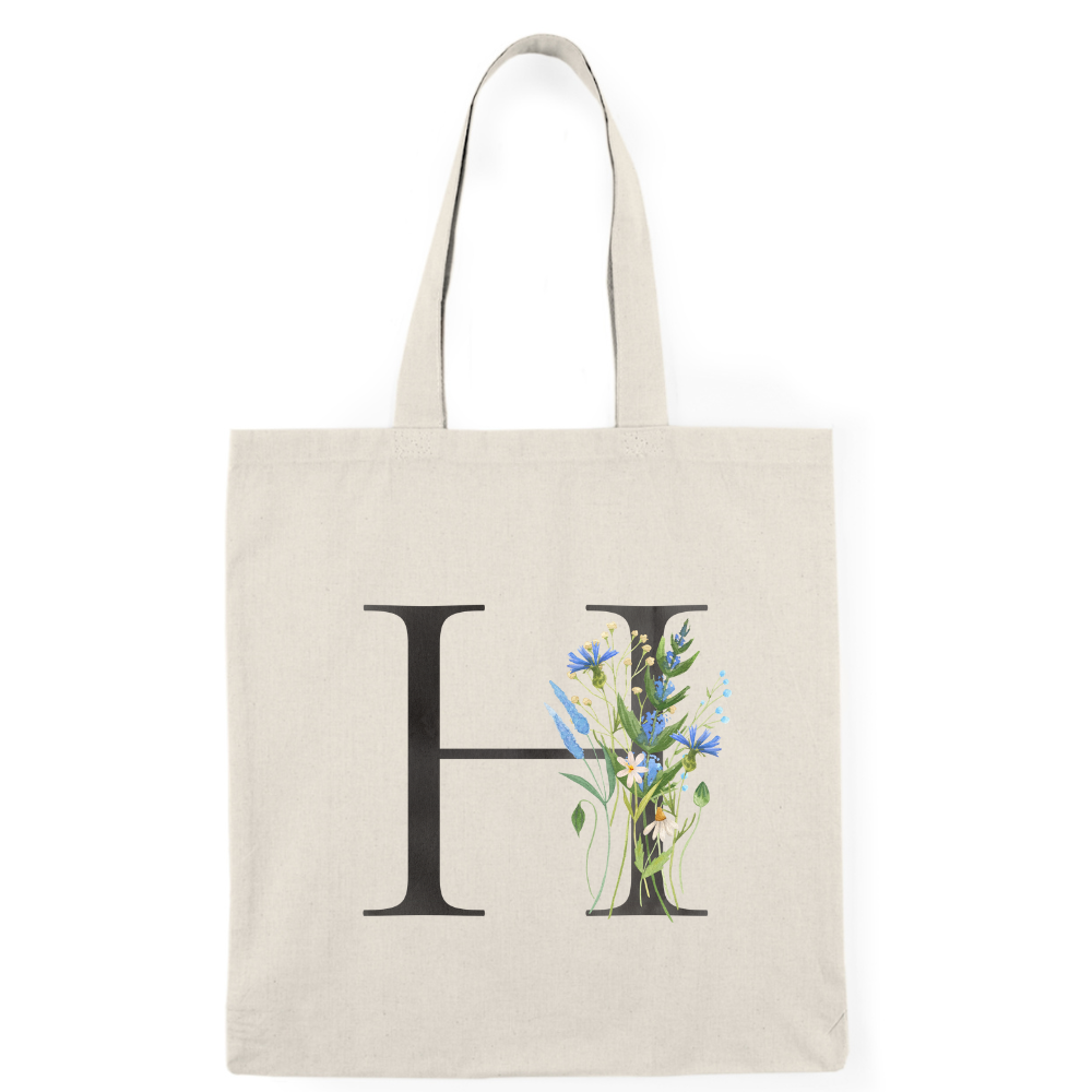 Floral Monogram Natural Tote Bag — Botanical Initial Canvas Tote