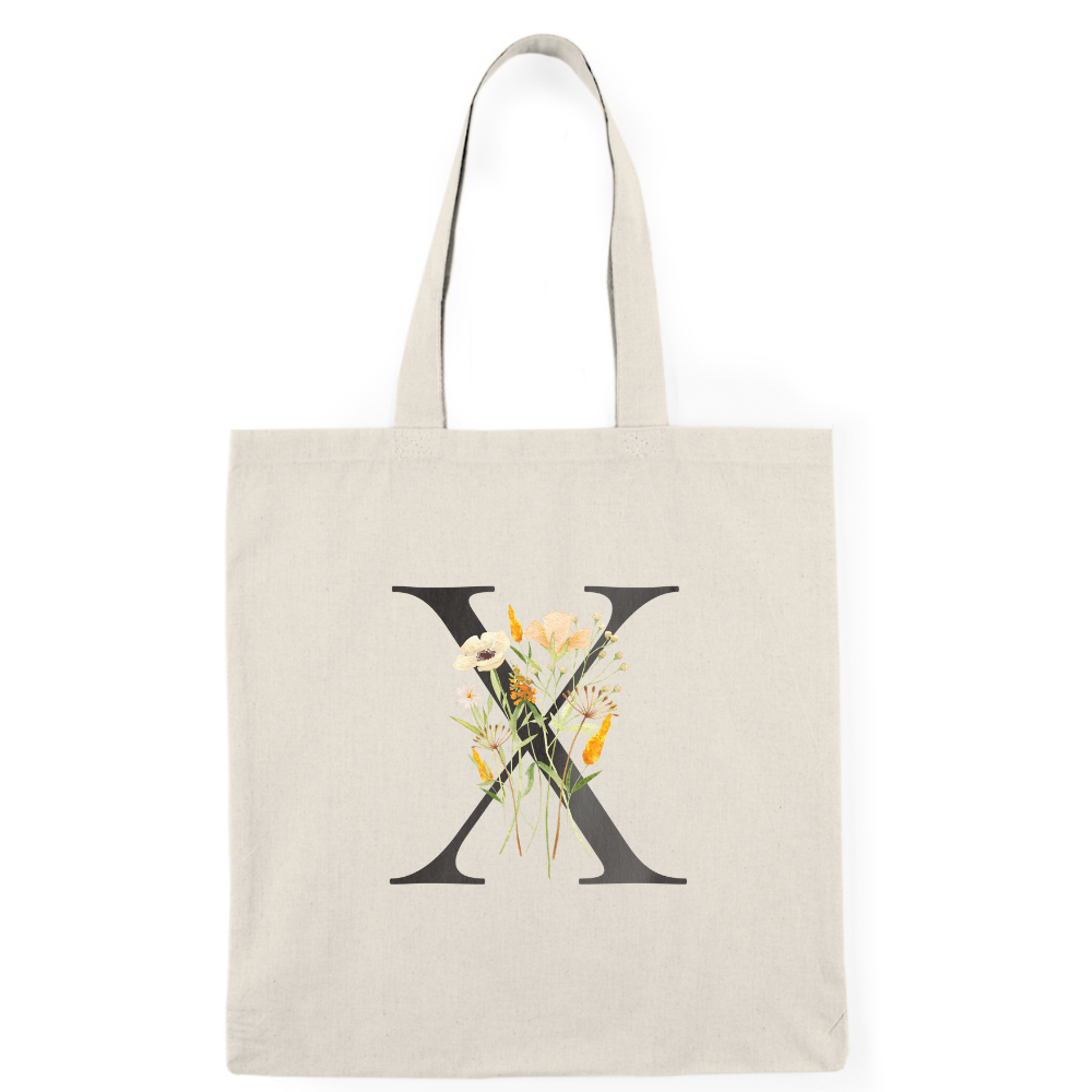 Floral Monogram Natural Tote Bag — Botanical Initial Canvas Tote