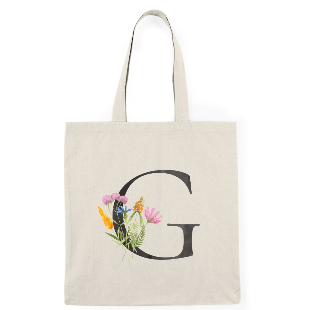Floral Monogram Natural Tote Bag — Botanical Initial Canvas Tote