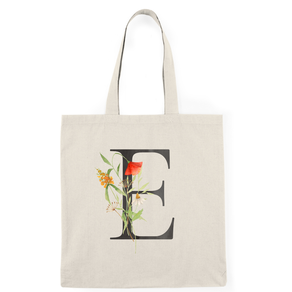 Floral Monogram Natural Tote Bag — Botanical Initial Canvas Tote