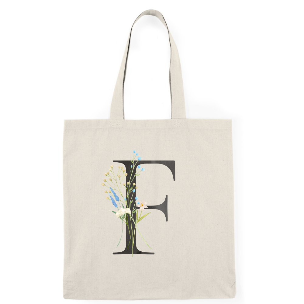 Floral Monogram Natural Tote Bag — Botanical Initial Canvas Tote