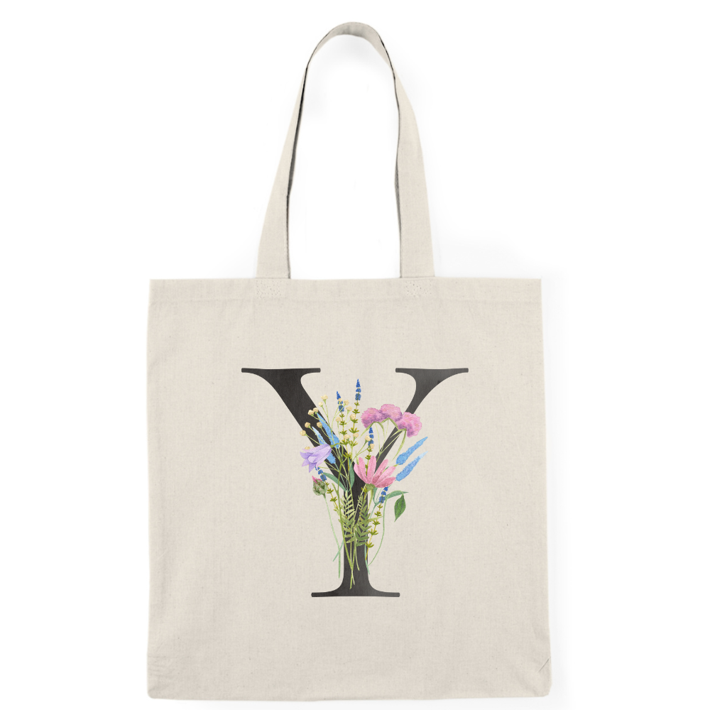 Floral Monogram Natural Tote Bag — Botanical Initial Canvas Tote