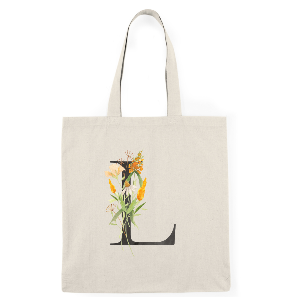 Floral Monogram Natural Tote Bag — Botanical Initial Canvas Tote