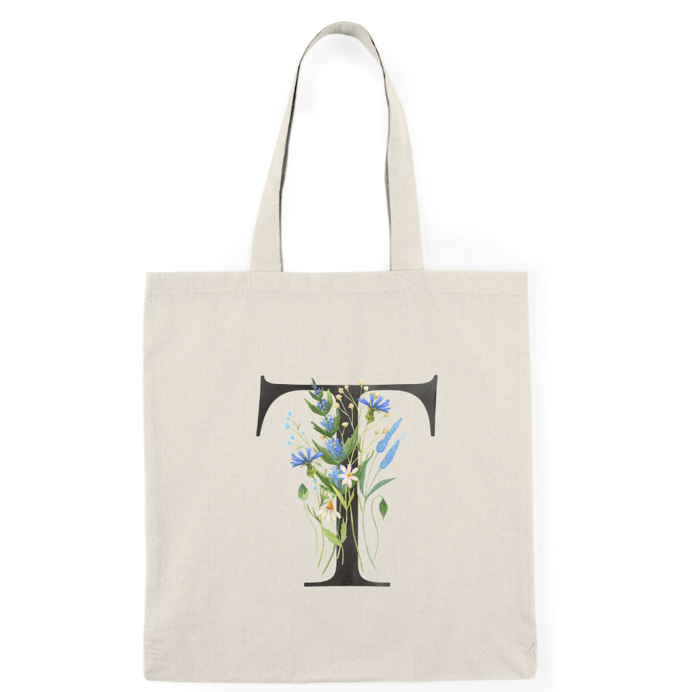 Floral Monogram Natural Tote Bag — Botanical Initial Canvas Tote