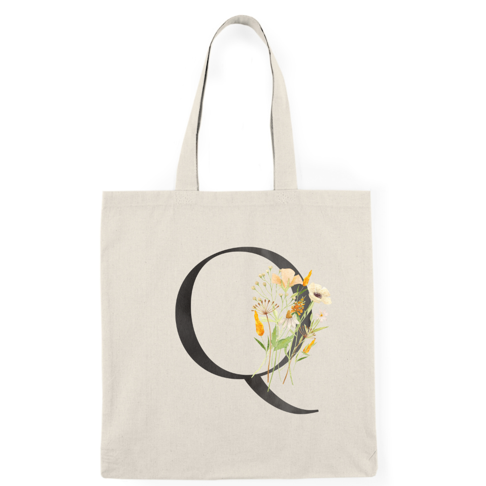 Floral Monogram Natural Tote Bag — Botanical Initial Canvas Tote
