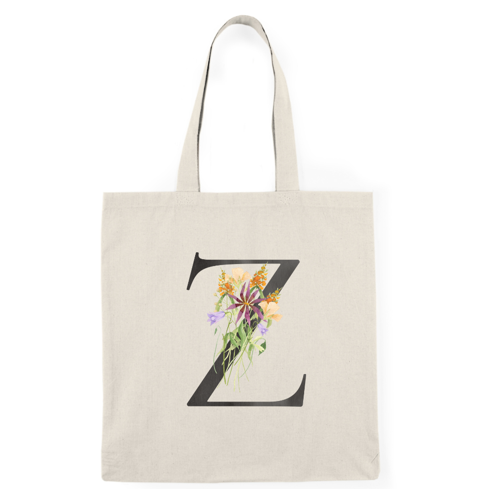 Floral Monogram Natural Tote Bag — Botanical Initial Canvas Tote