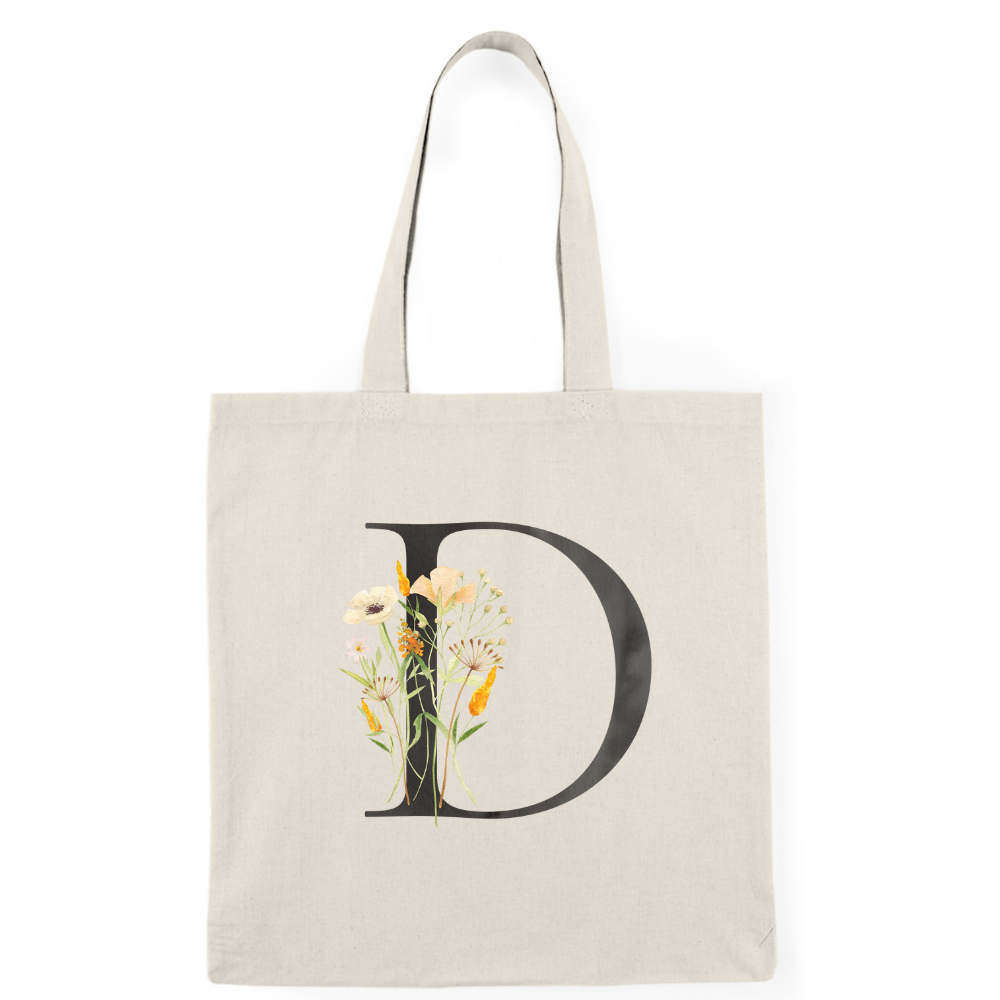 Floral Monogram Natural Tote Bag — Botanical Initial Canvas Tote