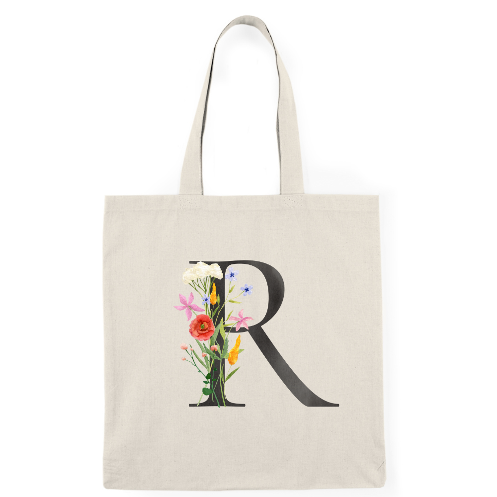 Floral Monogram Natural Tote Bag — Botanical Initial Canvas Tote