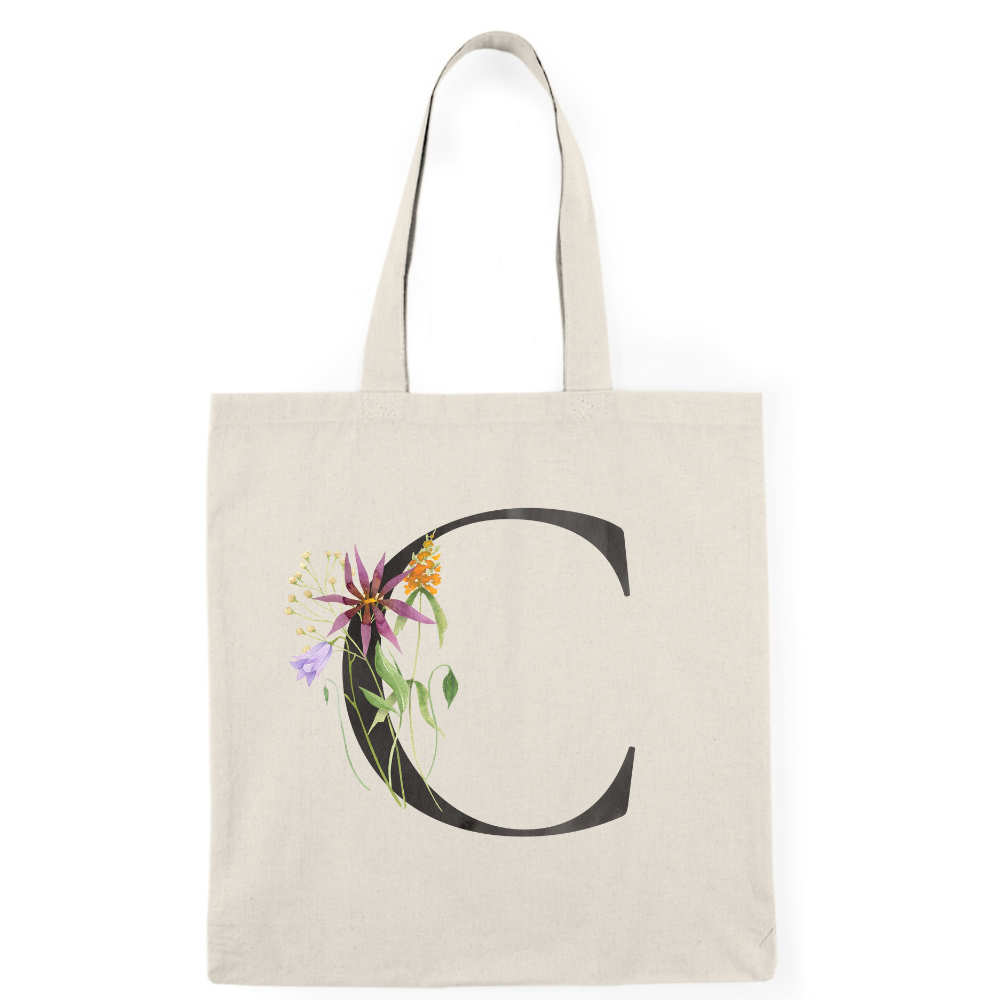 Floral Monogram Natural Tote Bag — Botanical Initial Canvas Tote