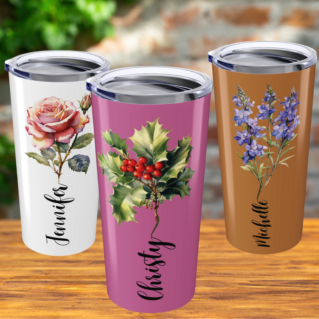 Personalized Birth Flower Tumblers | Birthday Tumblers | Customize Tumblers With Name | Coffee Mug Tumbler
