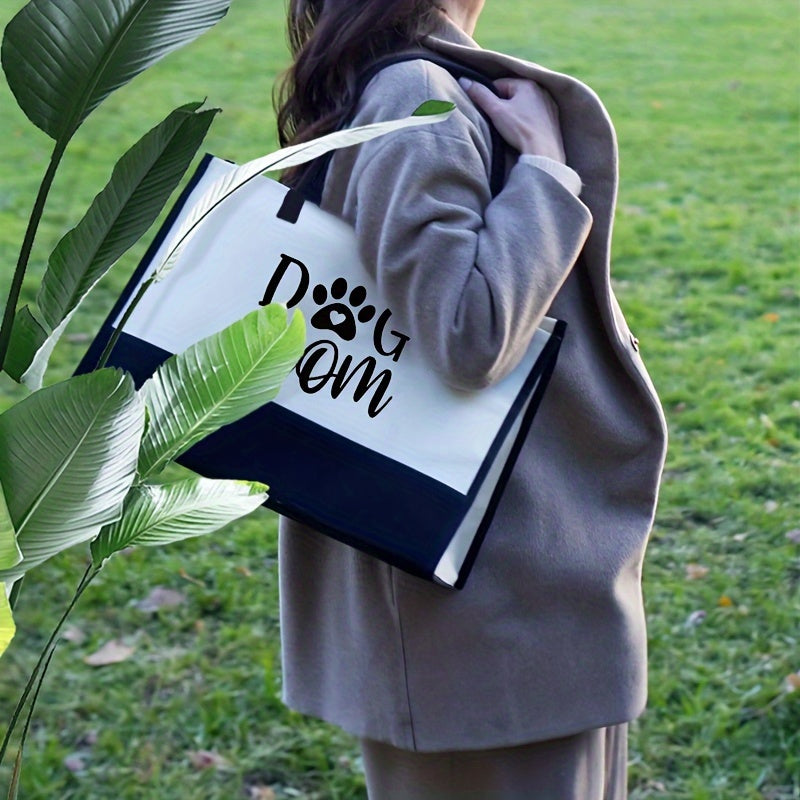 "Dog Mom" Canvas Tote Bag, Large  Fashion Handbag for Women, Monogrammed Beach Bag, Ideal Birthday Gift for Dog Lovers, Polyester, No Lining, Random Print, No Zipper, Washable