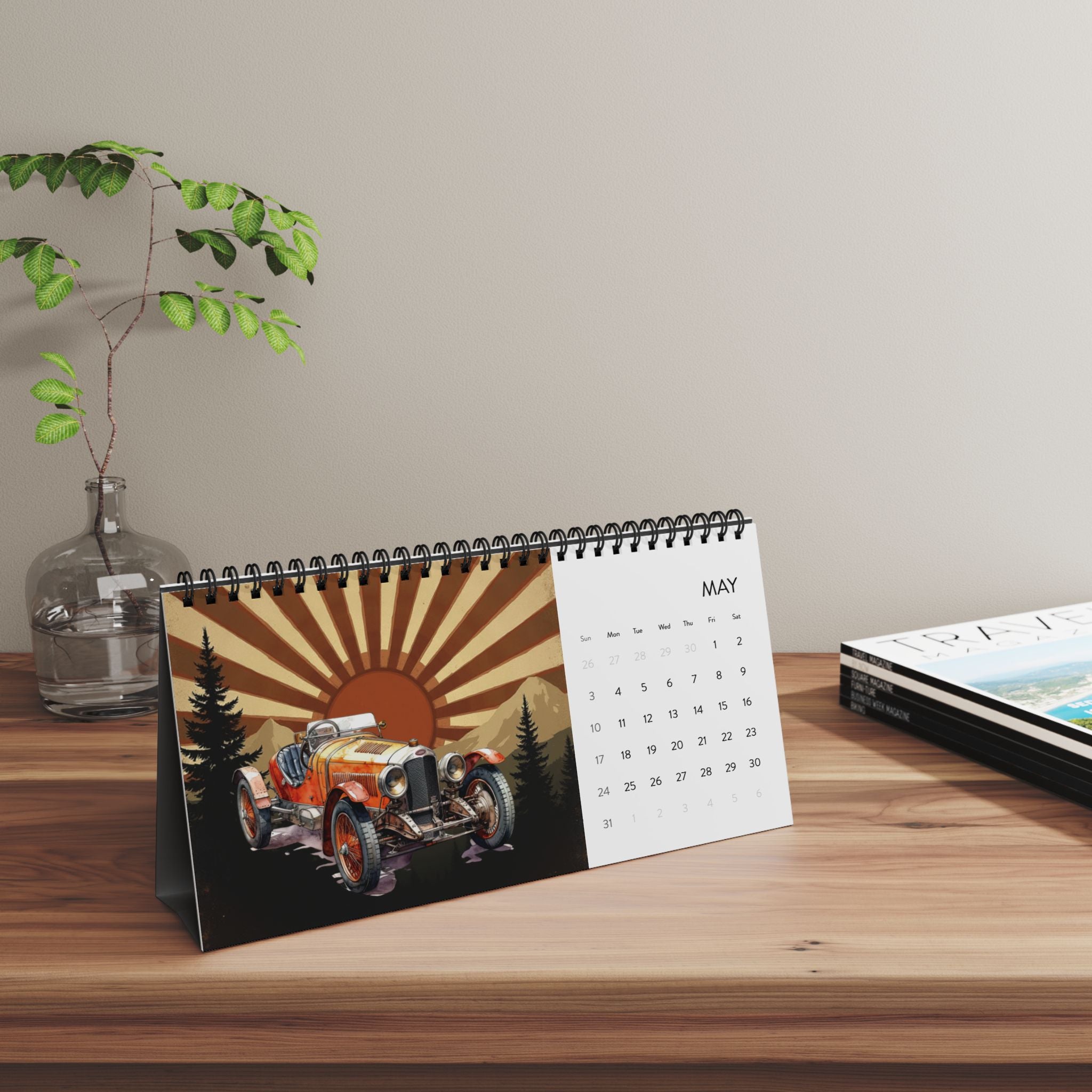 2026 Desktop Calendar, Desk Calendar with Vintage Racing Car Design, Gift for Car Lover