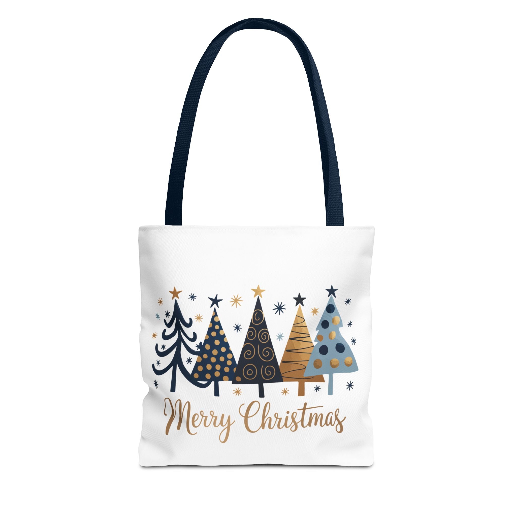 Merry Christmas Holiday Tote — Festive Blue & Gold Christmas Tree Tote Bag
