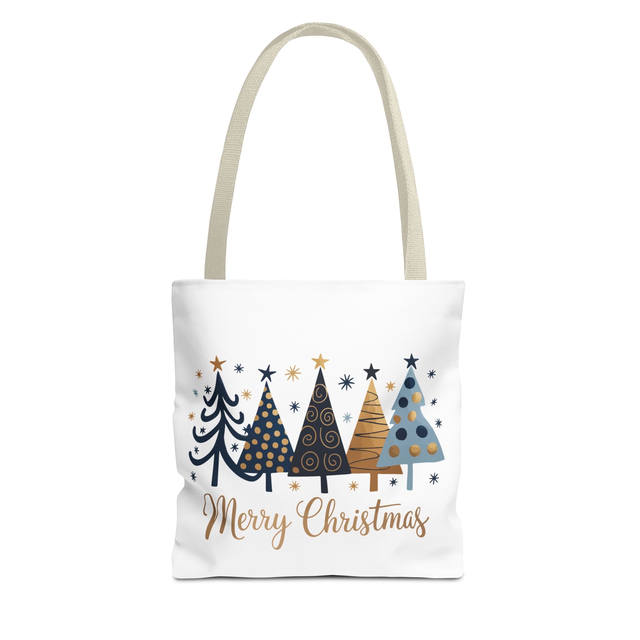 Merry Christmas Holiday Tote — Festive Blue & Gold Christmas Tree Tote Bag