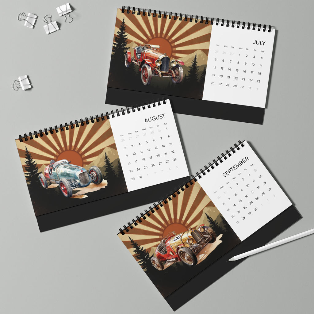 2026 Desktop Calendar, Desk Calendar with Vintage Racing Car Design, Gift for Car Lover