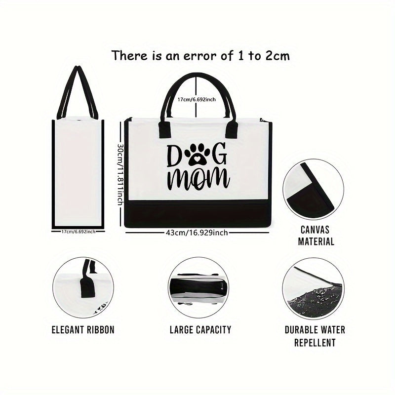 "Dog Mom" Canvas Tote Bag, Large  Fashion Handbag for Women, Monogrammed Beach Bag, Ideal Birthday Gift for Dog Lovers, Polyester, No Lining, Random Print, No Zipper, Washable