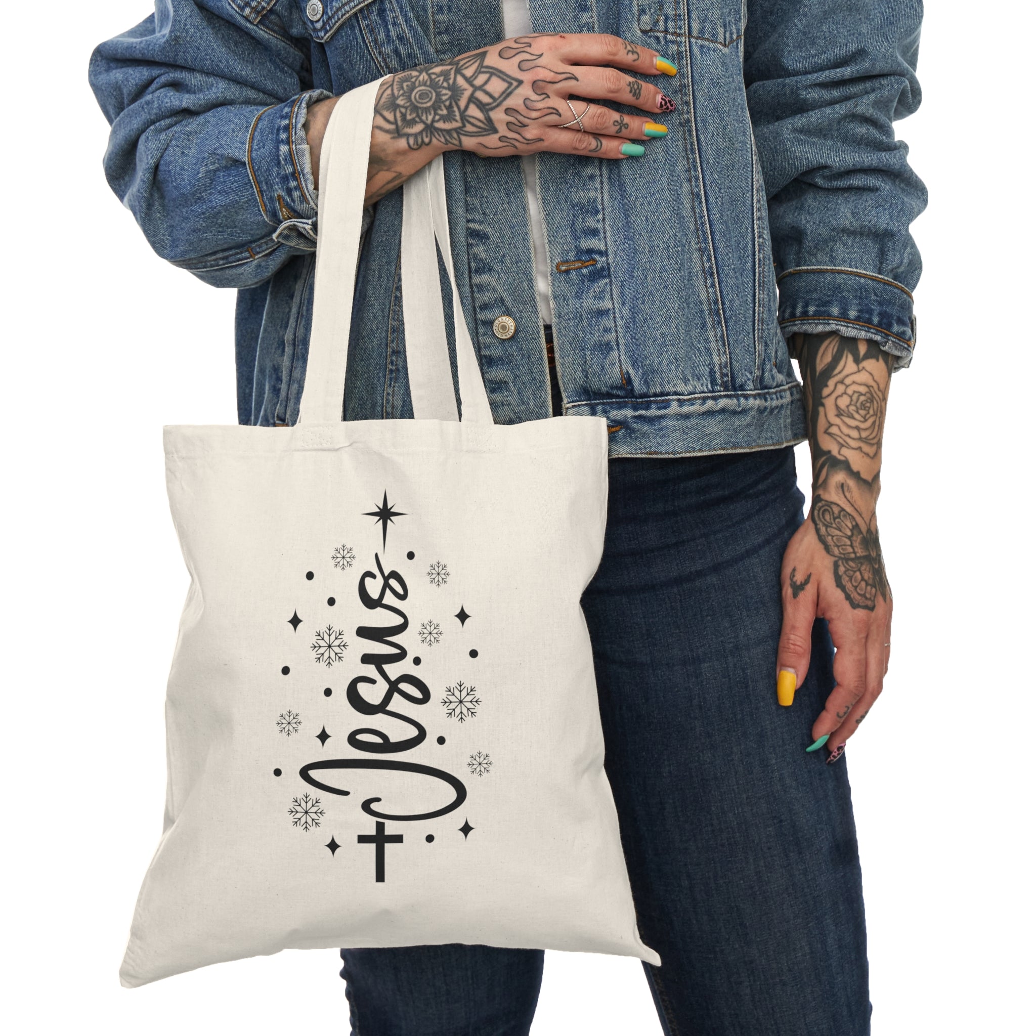 Jesus Cross Christmas Tote Bag - Religious Holiday Grocery & Gift Tote