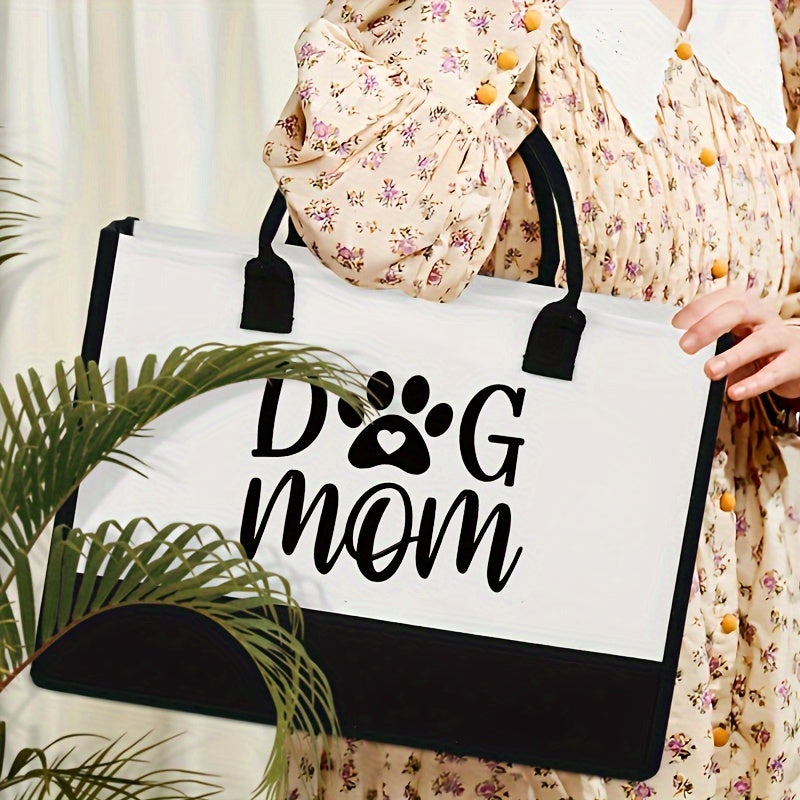 "Dog Mom" Canvas Tote Bag, Large  Fashion Handbag for Women, Monogrammed Beach Bag, Ideal Birthday Gift for Dog Lovers, Polyester, No Lining, Random Print, No Zipper, Washable